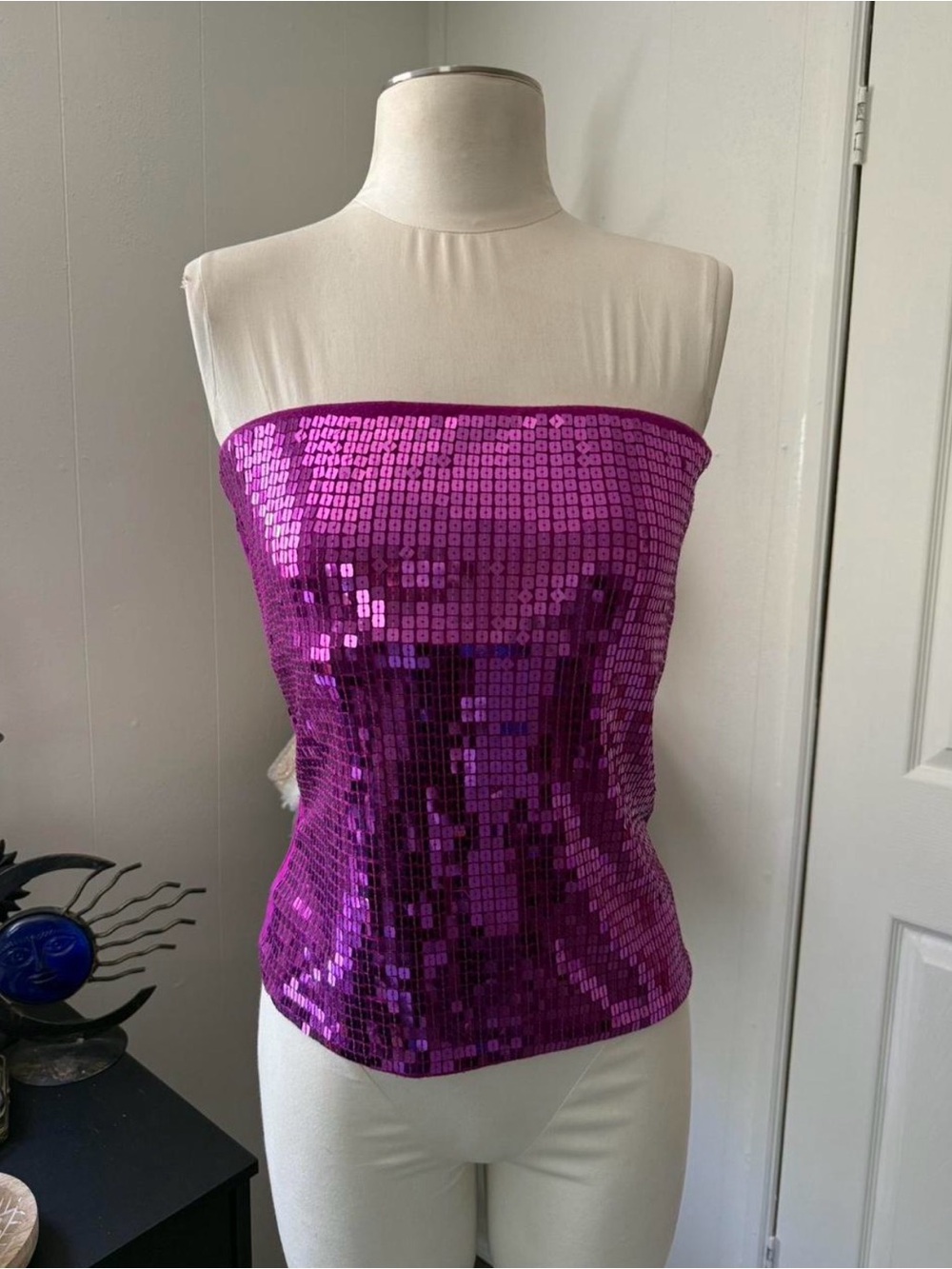 Vintage fuchsia purple sequin strapless tube top